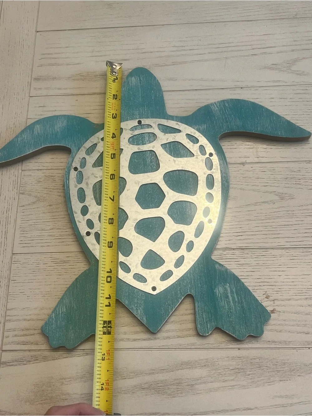Teal Distressed Turtle Wooden Wall Decor with Silver Shell Accent - 14”x14”